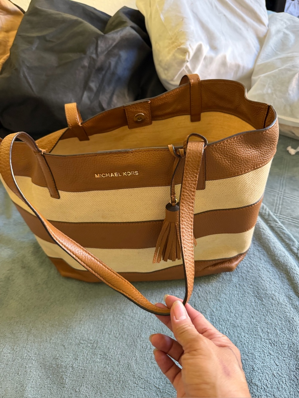 Michael Kors Tan & Cream Striped Canvas Tote with Tassel